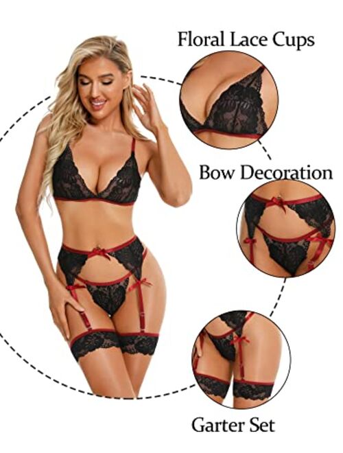 RSLOVE Women Lingerie Set Sexy 3 Piece Set with Garter Belt Lace Babydoll Teddy Bodysuit