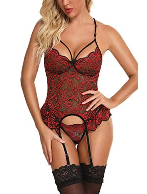 Aranmei Womens Sexy Lingerie with Garter Belt and Stockings Lace Babydoll Mini Teddy Bodysuit (Include Stockings)