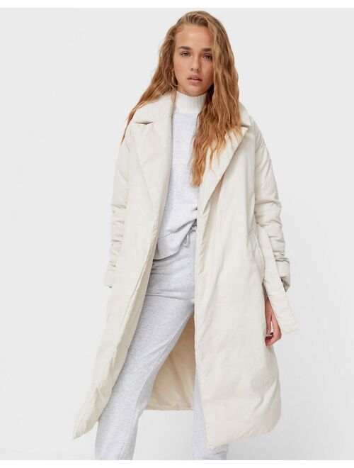 Stradivarius longline padded coat with belt in ecru