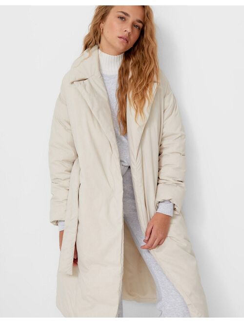 Stradivarius longline padded coat with belt in ecru