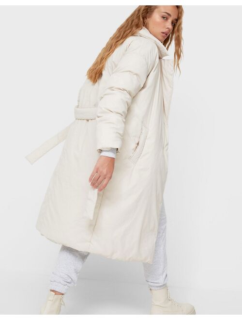 Stradivarius longline padded coat with belt in ecru