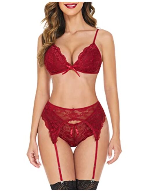 Avidlove Women Lace Lingerie Set with Garter Belts Strap Babydoll Bralette Bra and Panty Set