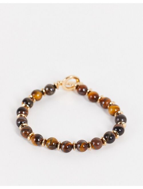 Asos Design beaded bracelet with tigers eye stones and t-bar in brown