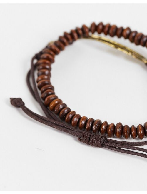 Asos Design 2 pack beaded bracelet set in brown with feather