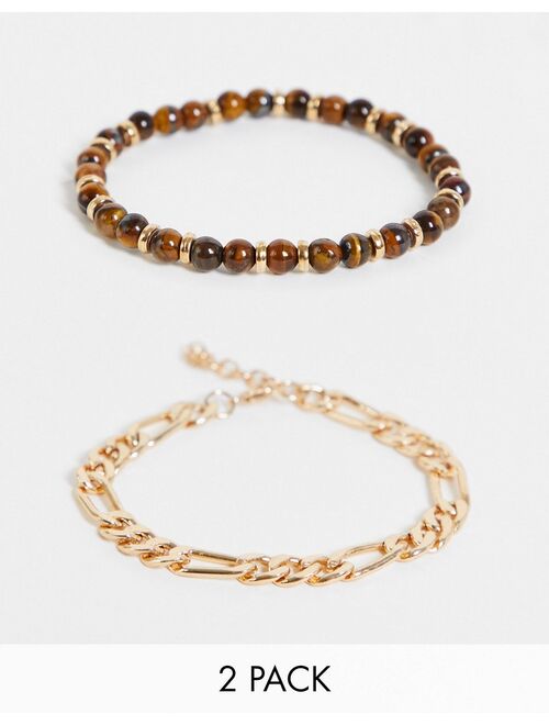 Asos Design 2 pack bracelet set with tigers eye beads and gold tone figaro chain