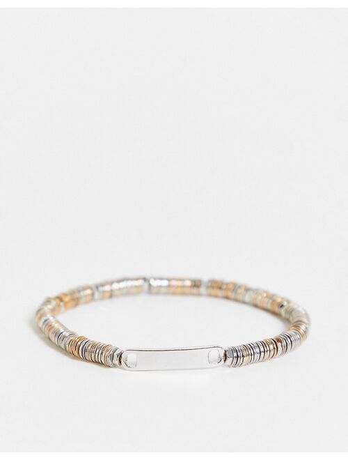 Asos Design metal beaded bracelet with tag detail in mixed metal