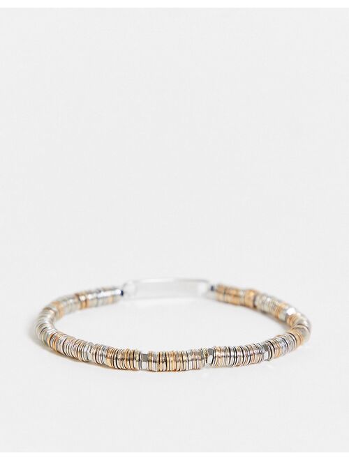 Asos Design metal beaded bracelet with tag detail in mixed metal