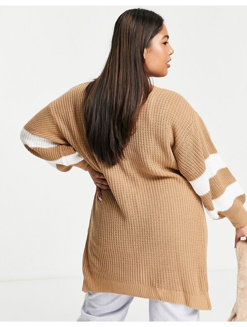 Yours Exclusive varsity cardigan with side stripes in camel