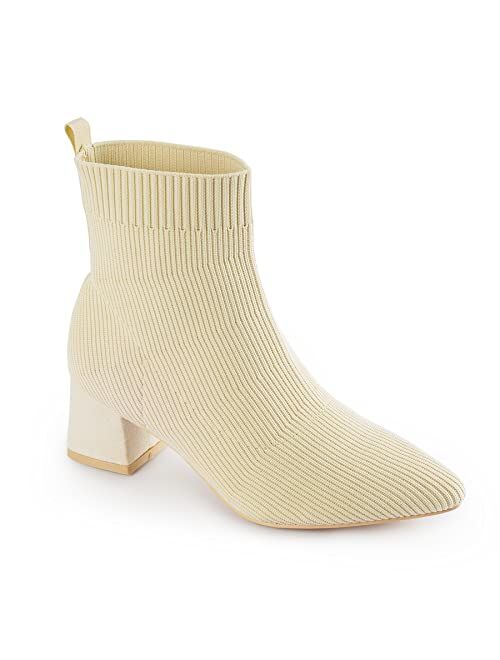 Trary Women's Pointed Toe Knit Sock Booties Chunky Heeled Slip On Ankle Boot