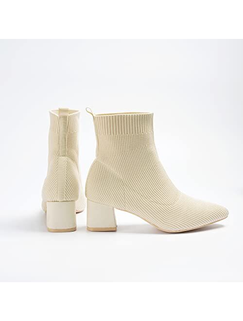 Trary Women's Pointed Toe Knit Sock Booties Chunky Heeled Slip On Ankle Boot