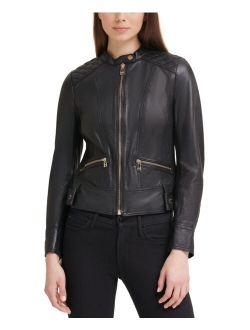 Women's Quilted-Shoulder Leather Coat, Created for Macy's