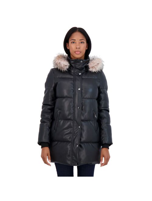 Buy Women's Sebby Collection Faux Leather Hooded Puffer Jacket online ...
