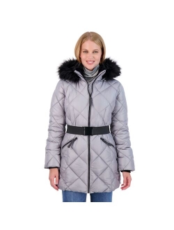 Women's Sebby Collection Quilted 3/4 Belted Puffer Jacket