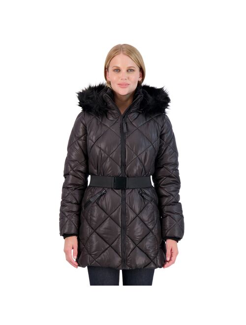 Women's Sebby Collection Quilted 3/4 Belted Puffer Jacket