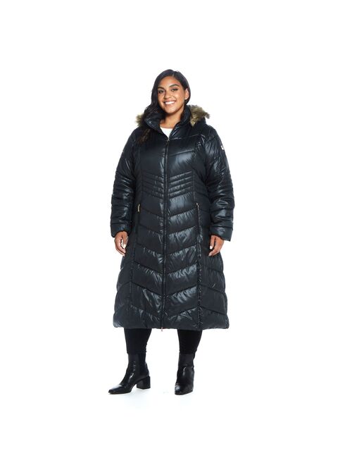 Plus Size Gallery Faux-Fur Hood Chevron Long Puffer Coat