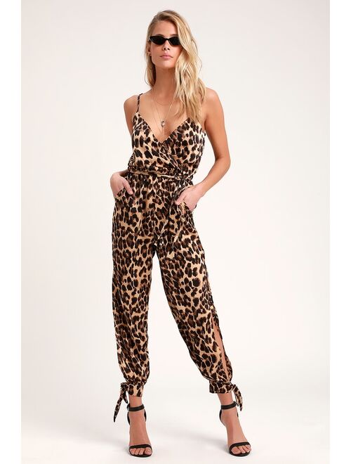 Lulus Babe Squad Brown Leopard Print Satin Surplice Jumpsuit