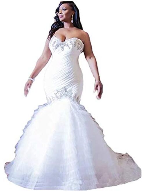 Rmaytiked Sweetheart Mermaid Wedding Dresses Ball Gown Strapless Beaded Ruffles Wedding Dresses for Bride