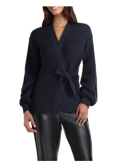H Halston Women's Long Sleeve Blouson Cuff Tie Front Cardigan Sweater