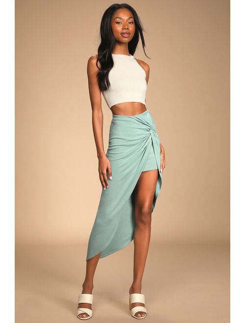 Lulus Put a Spin On It Sage Green Twist-Front High-Low Midi Skirt