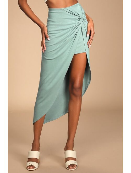 Lulus Put a Spin On It Sage Green Twist-Front High-Low Midi Skirt