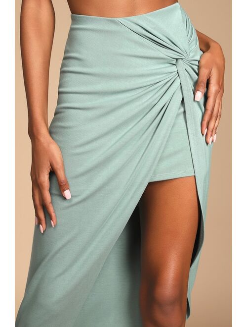 Lulus Put a Spin On It Sage Green Twist-Front High-Low Midi Skirt