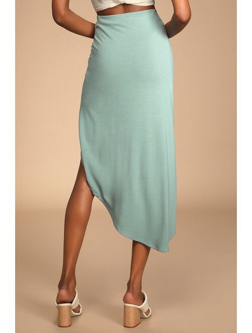 Lulus Put a Spin On It Sage Green Twist-Front High-Low Midi Skirt