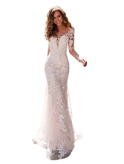 Stylefun Lace Beach Boho Wedding Dresses for Bride 2022 Long Bohemian Mermaid Bridal Gowns for Women MR46