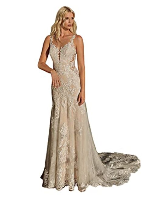 Stylefun Lace Beach Boho Wedding Dresses for Bride 2022 Long Bohemian Mermaid Bridal Gowns for Women MR46