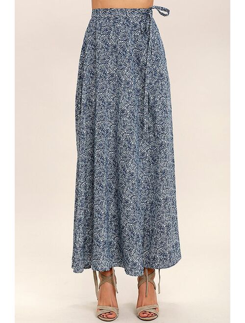 Lulus Beautiful Tempest Navy Blue Print Wrap Maxi Skirt