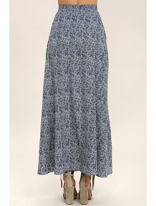 Lulus Beautiful Tempest Navy Blue Print Wrap Maxi Skirt