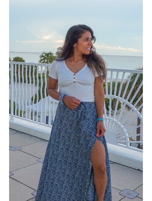 Lulus Beautiful Tempest Navy Blue Print Wrap Maxi Skirt