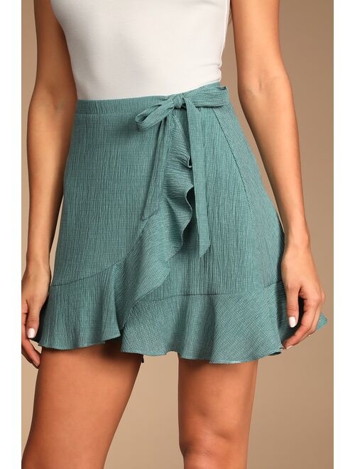 Lulus Sweet Desires Teal Ruffled Wrap Mini Skirt