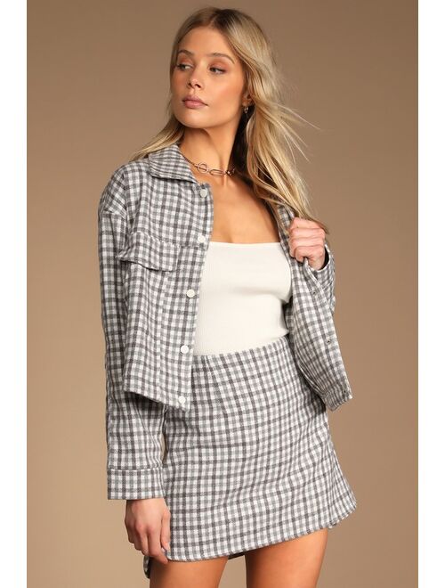 Lulus Tea Table Grey Gingham Plaid Mini Skirt