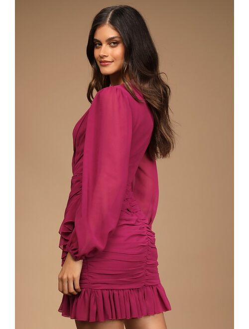 Lulus Feeling Frilly Magenta Ruffled Long Sleeve Mini Dress