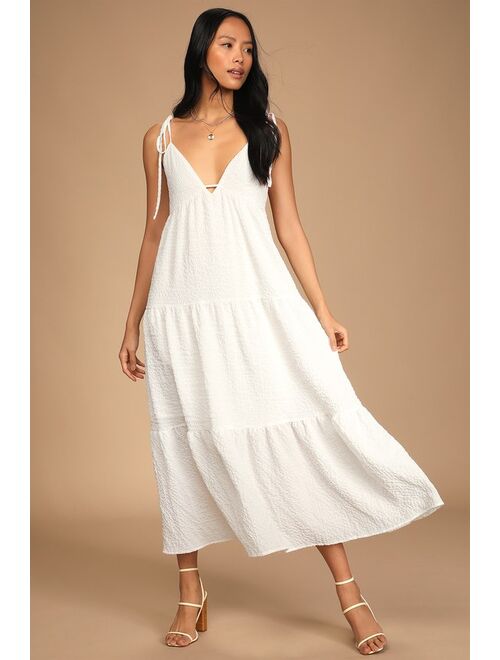 Lulus Let the Sun Beam White Tie-Strap Tiered Midi Dress With Pockets