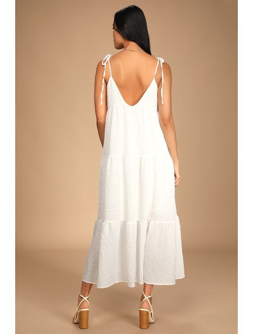 Lulus Let the Sun Beam White Tie-Strap Tiered Midi Dress With Pockets