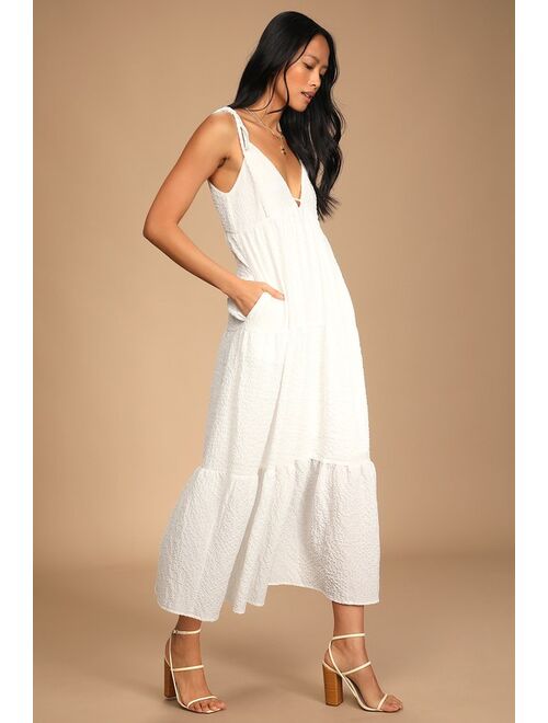 Lulus Let the Sun Beam White Tie-Strap Tiered Midi Dress With Pockets