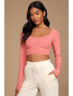 Lazy Day Vibes Coral Pink Underwire Long Sleeve Crop Top