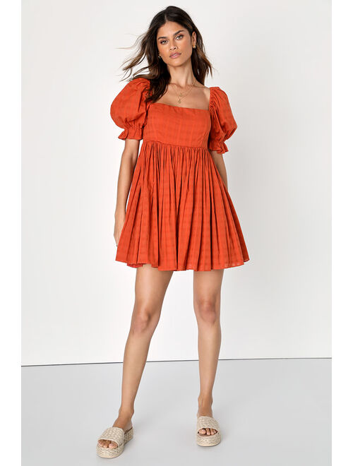 Lulus A Day in Paris Red Square Neck Puff Sleeve Babydoll Dress