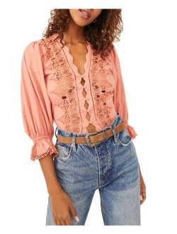 Louella Peach Cotton Embroidered Puff Sleeve Top