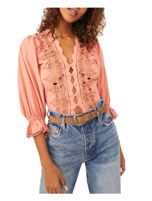 Free People Louella Peach Cotton Embroidered Puff Sleeve Top