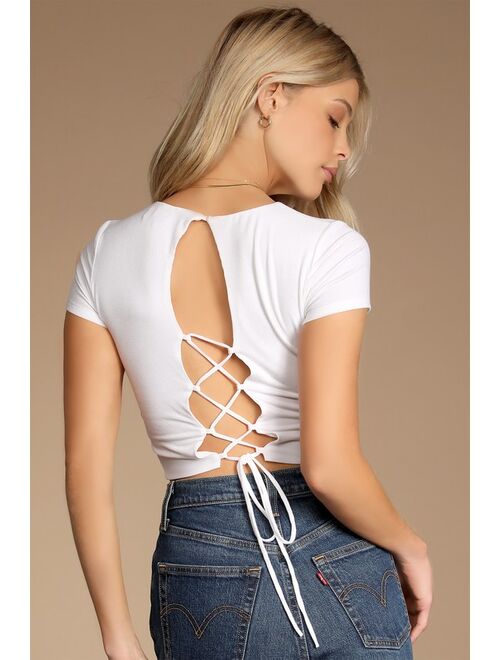 Lulus Roped In White Ribbed Short Sleeve Lace-Up Crop Top