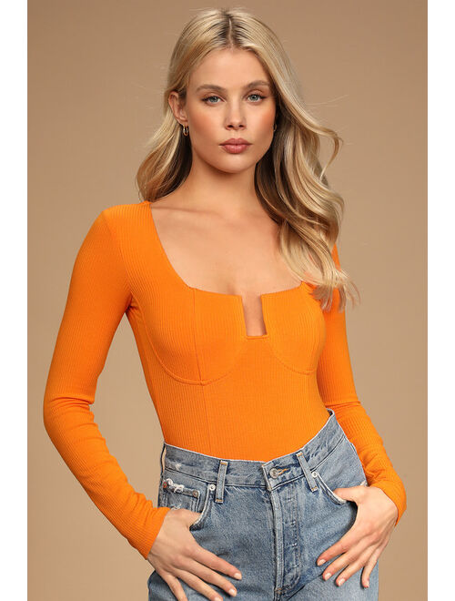 Lulus Winning Looks Bright Orange Ribbed Long Sleeve Bodysuit