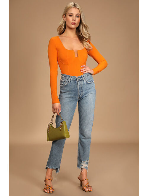 Lulus Winning Looks Bright Orange Ribbed Long Sleeve Bodysuit