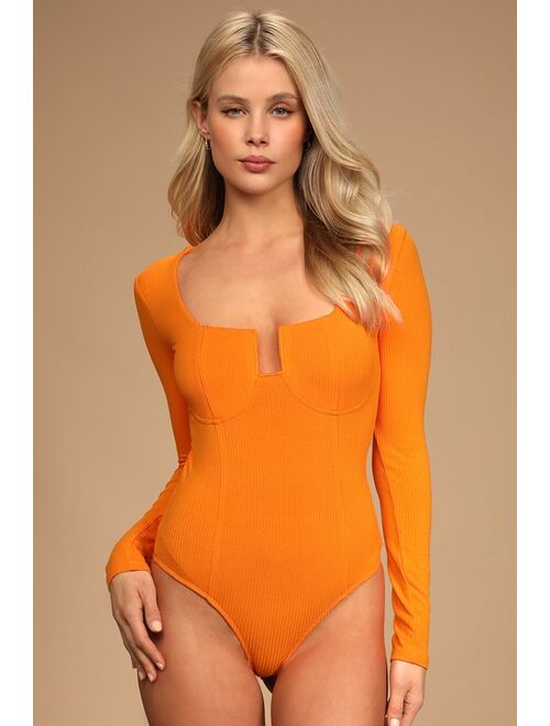 Lulus Winning Looks Bright Orange Ribbed Long Sleeve Bodysuit