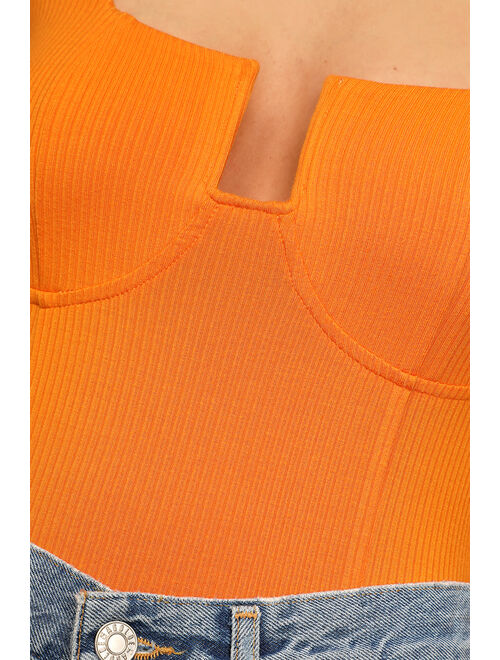 Lulus Winning Looks Bright Orange Ribbed Long Sleeve Bodysuit