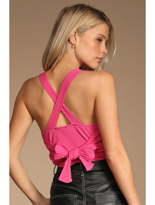 Lulus Summer of Fun Magenta Ribbed Tie-Back Cropped Tank Top