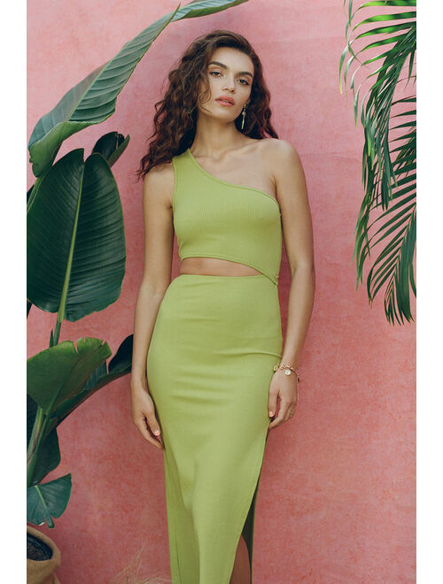 Lulus Spice Things Up Lime Green Ribbed One-Shoulder Cutout Midi Dress