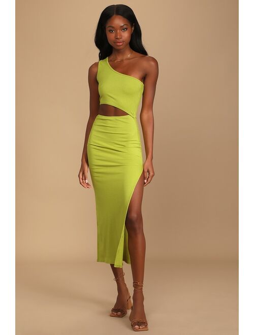 Lulus Spice Things Up Lime Green Ribbed One-Shoulder Cutout Midi Dress