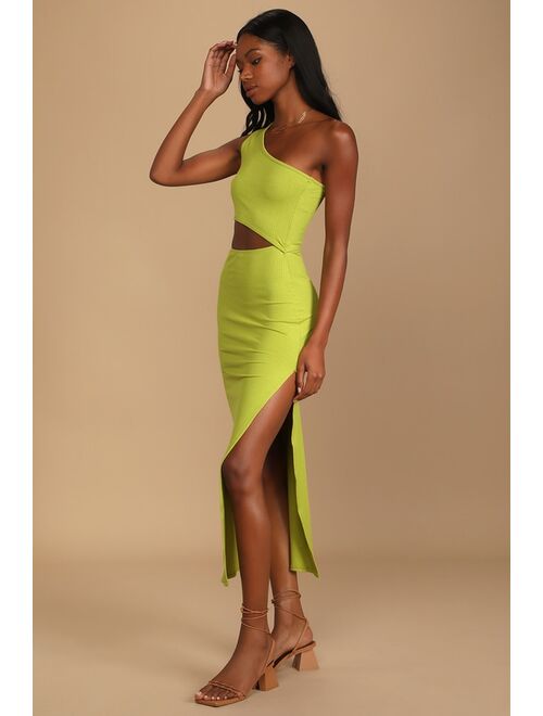 Lulus Spice Things Up Lime Green Ribbed One-Shoulder Cutout Midi Dress